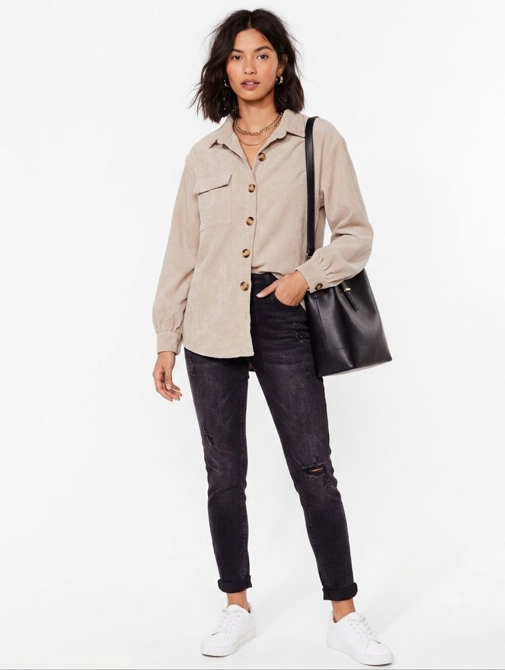 Nasty Gal Womens Corduroy Button-Up Shirt Beige 4 - Picture 11 of 11